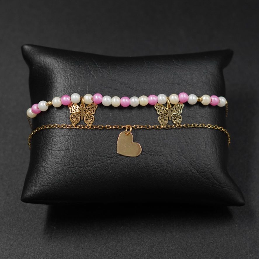 TOBILLERA MARIPOSA ROSADA-BLANCA ACERO